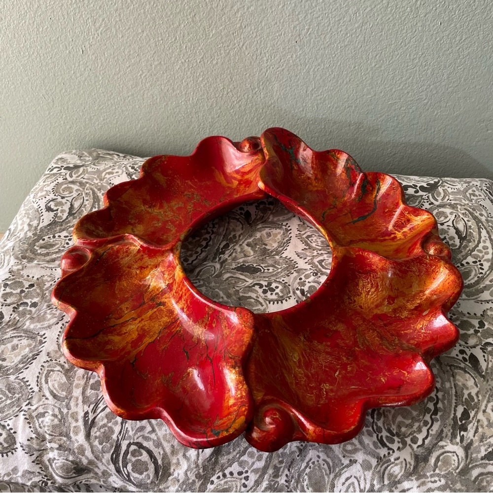California Pottery USA | Vintage 70s 2 pc Orange Red Swirl Chip Serving Platter
